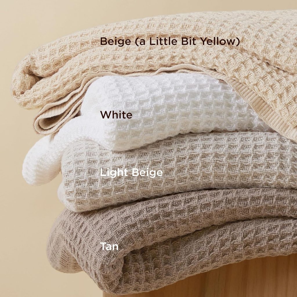 different color options of the waffle textured blanket. available in beige, white, light beige, and tan