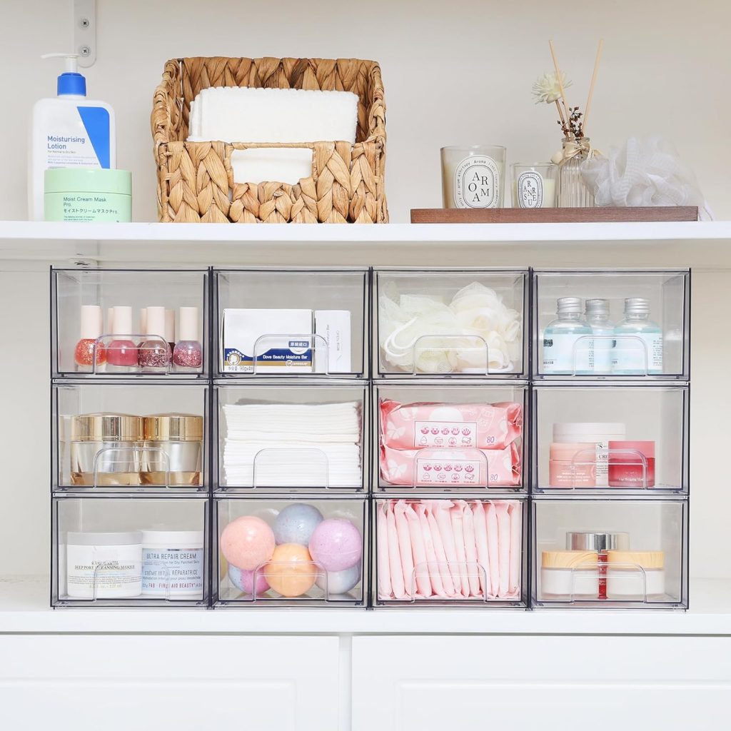 clear acrylic containers filled with different bathroom products
