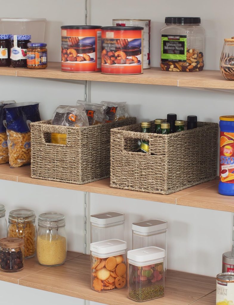 seagrass baskets shown in a pantry filled with shelf-stable food and beverages