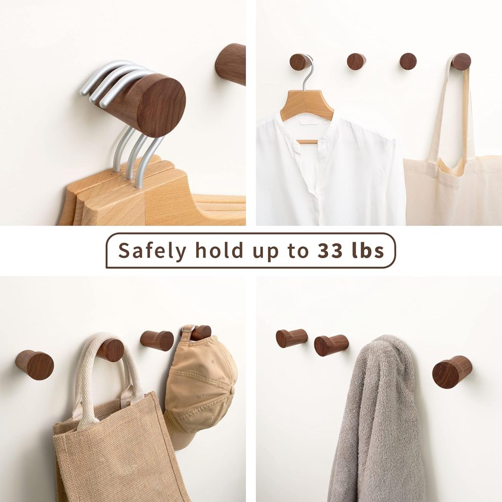 hooks shown with 4 different examples of what to hang on them. can safely hold up to 33lbs each text written over image