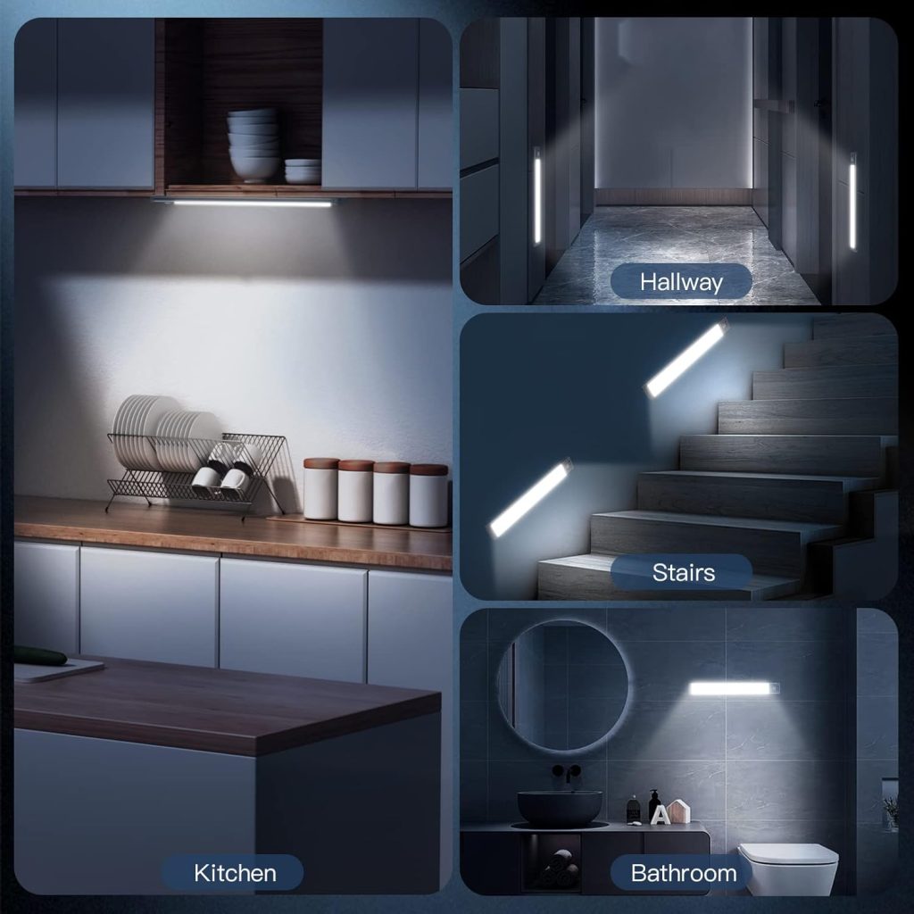 different placement options of the motion sensor lights. examples include under kitchen cabinets, hallways, stairs, and in the bathroom